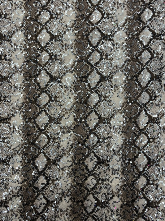 Grey Snake Print Sequin Mesh