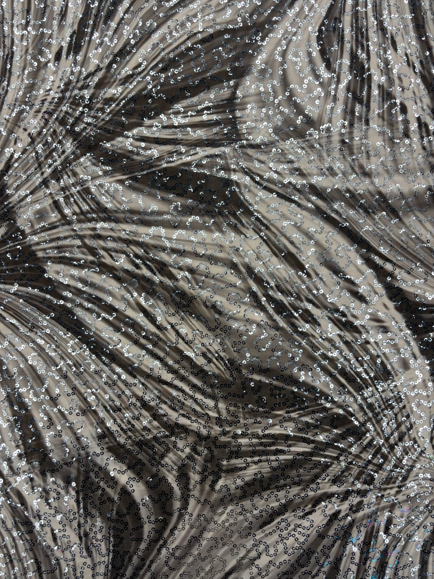 Black and White Fan Print Sequin Mesh