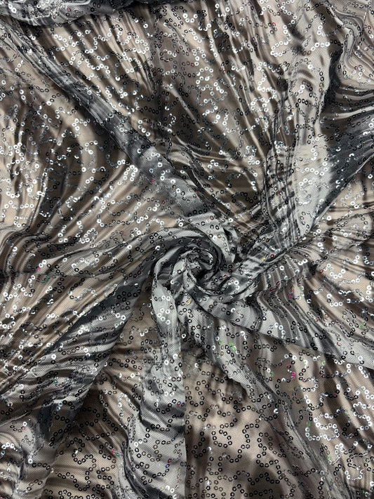 Black and White Fan Print Sequin Mesh