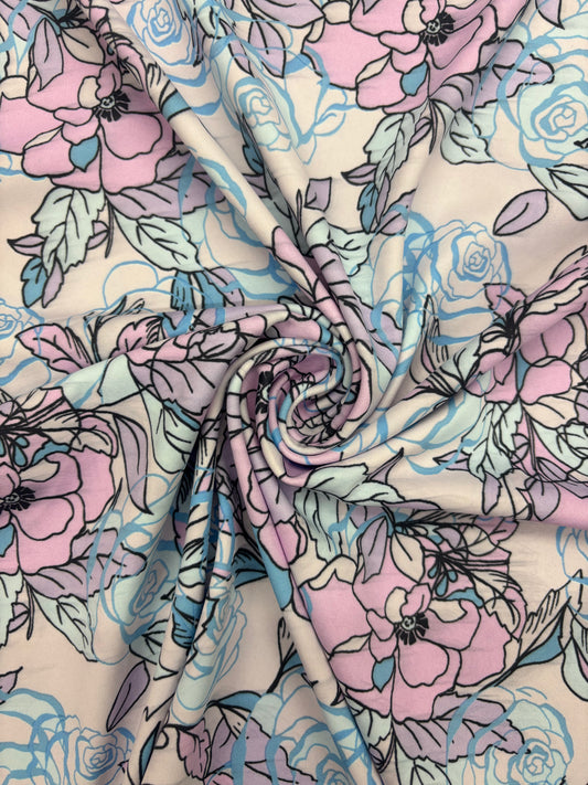 Blue and Pink Floral Print Spandex