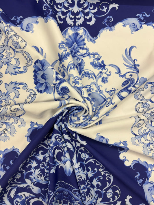 Blue Damask Print Spandex
