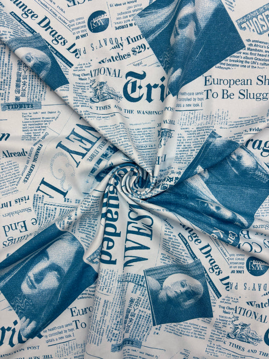 Blue Newspaper Print Spandex
